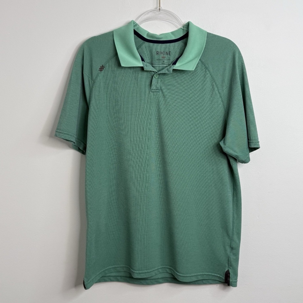 Rhone Polo Shirt Mens Sz M Green Delta Performance Pique Band Collar Golf Dad